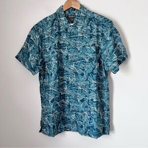 Eddie Bauer Linen Blend Novelty Print Palm Leaves Swordfish Short Sleeve Shirt M